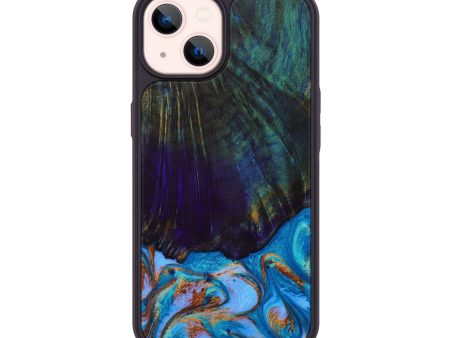 iPhone 14 Wood+Resin Phone Case - Antonio (Teal & Gold, 641668) For Sale