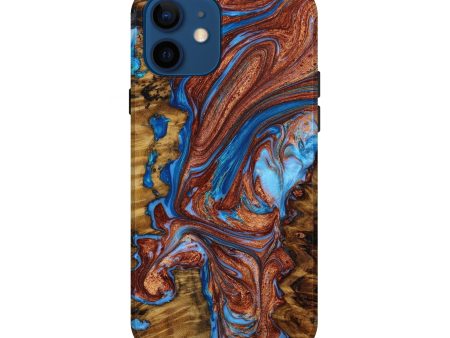 iPhone 12 Wood+Resin Live Edge Phone Case - Robin (Teal & Gold, 643076) For Cheap