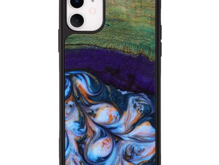 iPhone 11 Wood+Resin Phone Case - Ervin (Teal & Gold, 642983) For Cheap