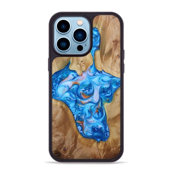 iPhone 14 Pro Max Wood+Resin Phone Case - Destinee (Teal & Gold, 642487) Online now