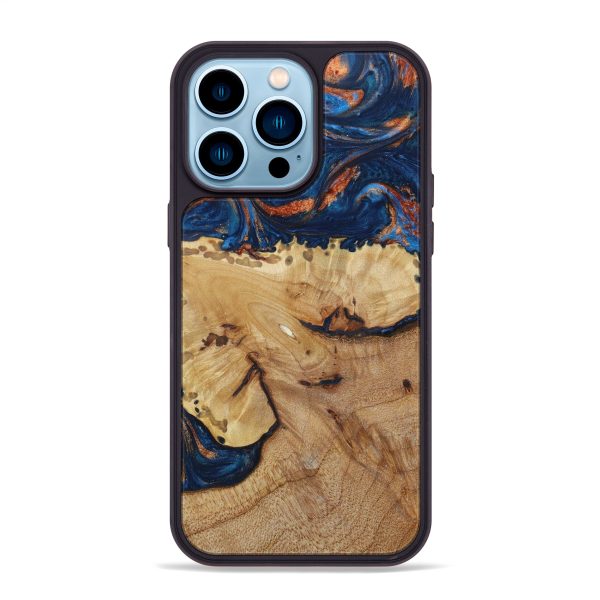 iPhone 14 Pro Max Wood+Resin Phone Case - Alec (Teal & Gold, 641653) Fashion