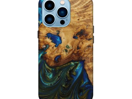 iPhone 14 Pro Wood+Resin Live Edge Phone Case - Bennett (Teal & Gold, 642677) on Sale