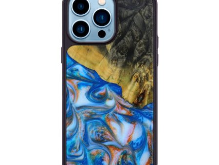 iPhone 14 Pro Max Wood+Resin Phone Case - Isabelle (Teal & Gold, 642988) For Sale