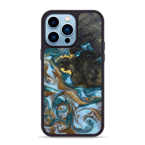 iPhone 14 Pro Max Wood+Resin Phone Case - Eduardo (Teal & Gold, 640998) Fashion