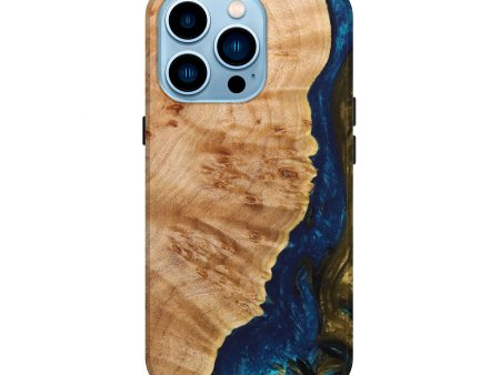 iPhone 14 Pro Wood+Resin Live Edge Phone Case - Annika (Teal & Gold, 638544) For Cheap