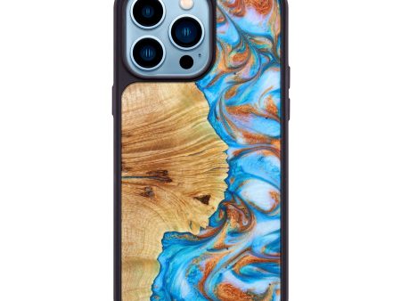 iPhone 14 Pro Max Wood+Resin Phone Case - Zander (Teal & Gold, 639200) For Cheap