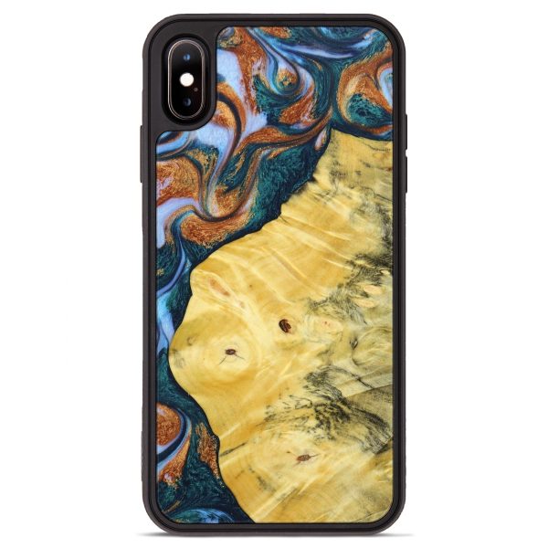 iPhone Xs Max Wood+Resin Phone Case - Noah (Teal & Gold, 641007) on Sale