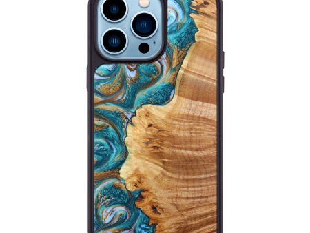 iPhone 14 Pro Max Wood+Resin Phone Case - Ty (Teal & Gold, 638430) Online Sale