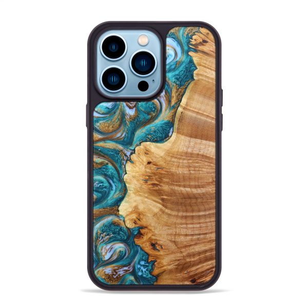 iPhone 14 Pro Max Wood+Resin Phone Case - Ty (Teal & Gold, 638430) Online Sale