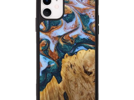 iPhone 11 Wood+Resin Phone Case - Malakai (Teal & Gold, 641004) Discount