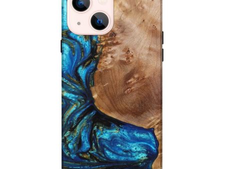 iPhone 14 Plus Wood+Resin Live Edge Phone Case - Dylan (Teal & Gold, 637714) For Sale