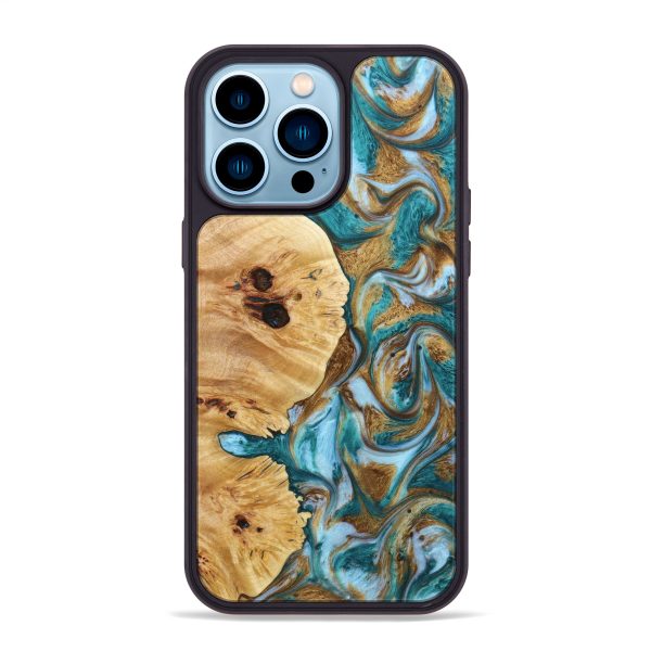 iPhone 14 Pro Max Wood+Resin Phone Case - Ariel (Teal & Gold, 640954) Online