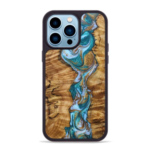 iPhone 14 Pro Max Wood+Resin Phone Case - Ari (Teal & Gold, 638340) on Sale