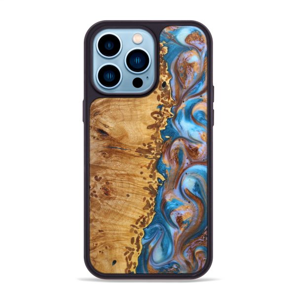 iPhone 14 Pro Max Wood+Resin Phone Case - Ellis (Teal & Gold, 639427) Online Hot Sale