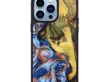 iPhone 14 Pro Max Wood+Resin Phone Case - Heaven (Teal & Gold, 639763) For Sale