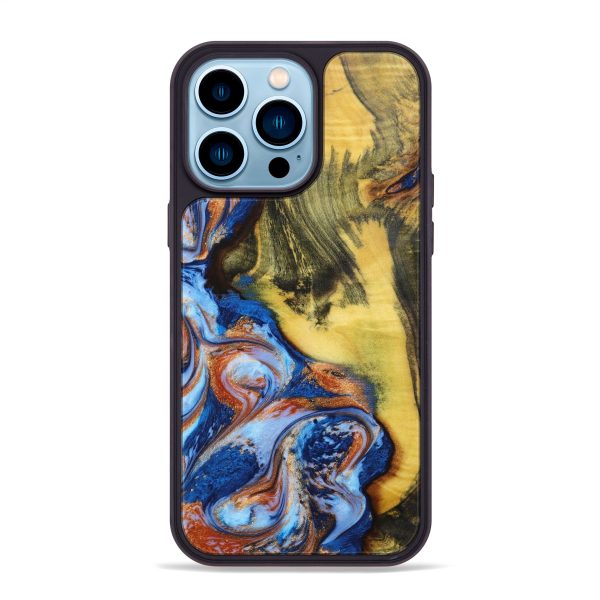 iPhone 14 Pro Max Wood+Resin Phone Case - Heaven (Teal & Gold, 639763) For Sale