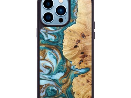 iPhone 14 Pro Max Wood+Resin Phone Case - Allen (Teal & Gold, 640956) For Sale