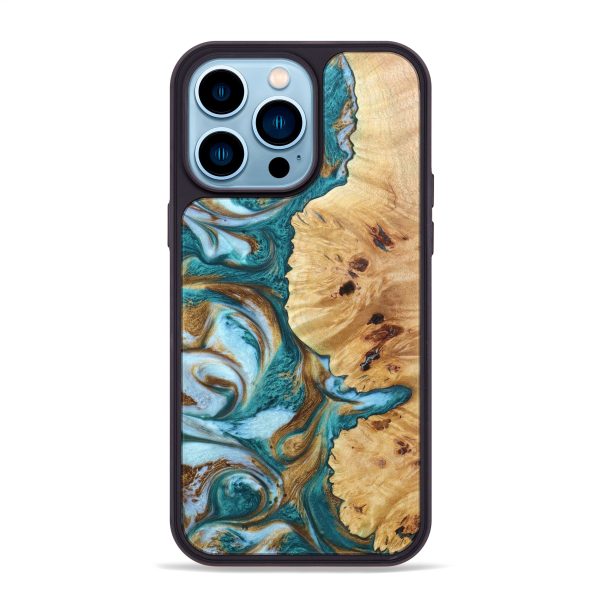 iPhone 14 Pro Max Wood+Resin Phone Case - Allen (Teal & Gold, 640956) For Sale