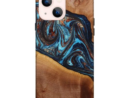 iPhone 14 Plus Wood+Resin Live Edge Phone Case - Beatrice (Teal & Gold, 643460) For Discount