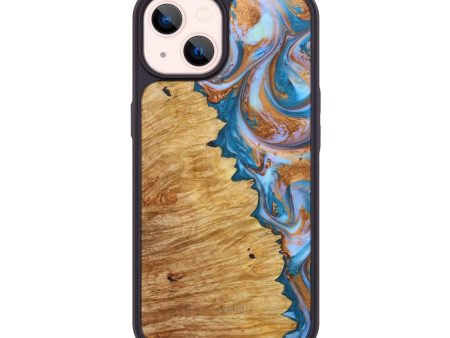 iPhone 14 Wood+Resin Phone Case - Archie (Teal & Gold, 639419) For Cheap