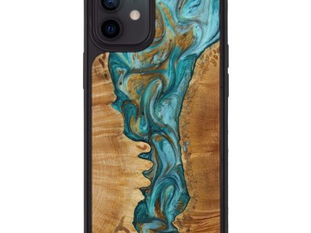 iPhone 12 Wood+Resin Phone Case - Gladys (Teal & Gold, 643332) Fashion