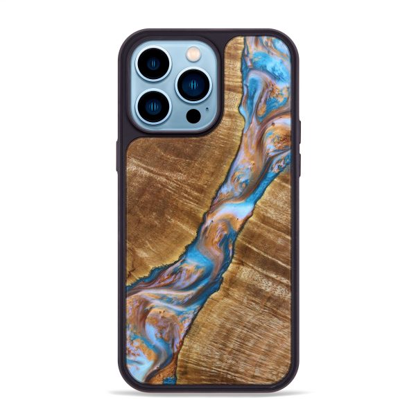 iPhone 14 Pro Max Wood+Resin Phone Case - Gillian (Teal & Gold, 639428) Cheap